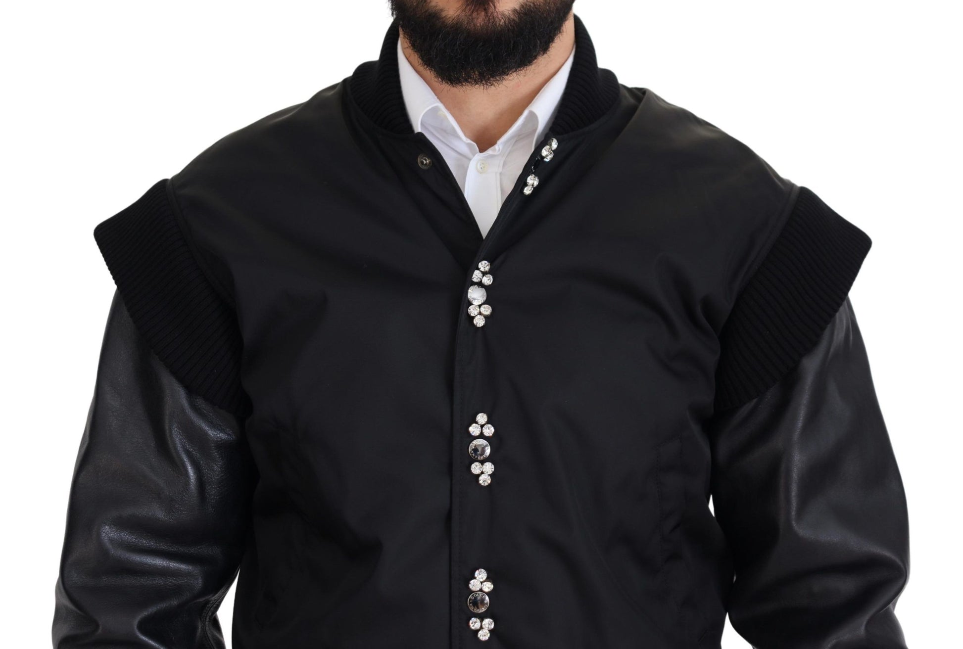 Black Nylon Crystals Coat Buttons Jacket