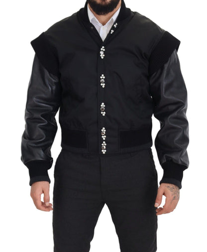 Black Nylon Crystals Coat Buttons Jacket