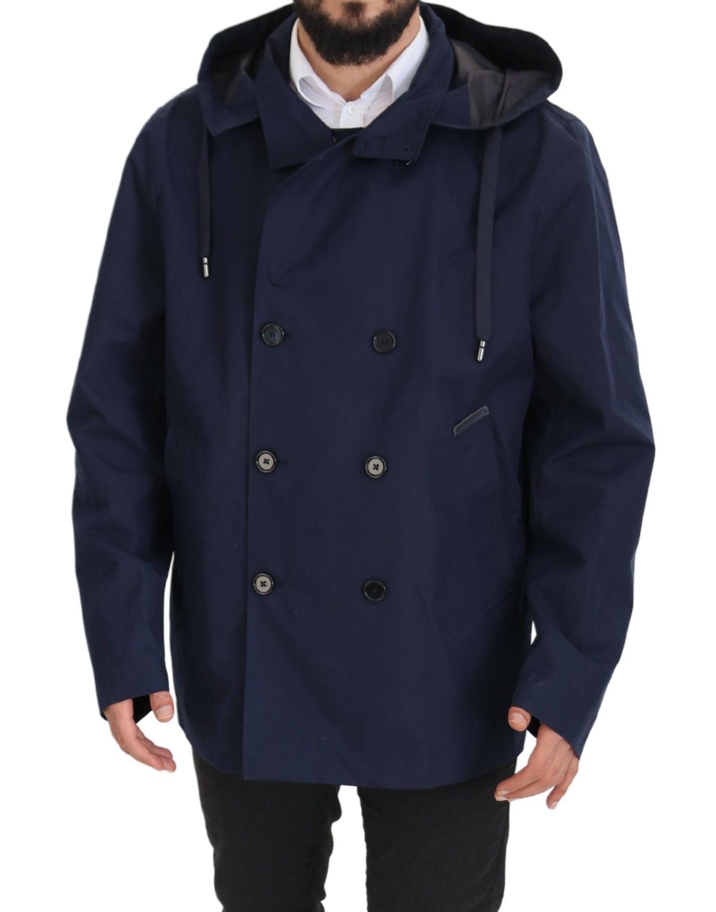 Blue Hooded Double Breasted Coat Jacket
