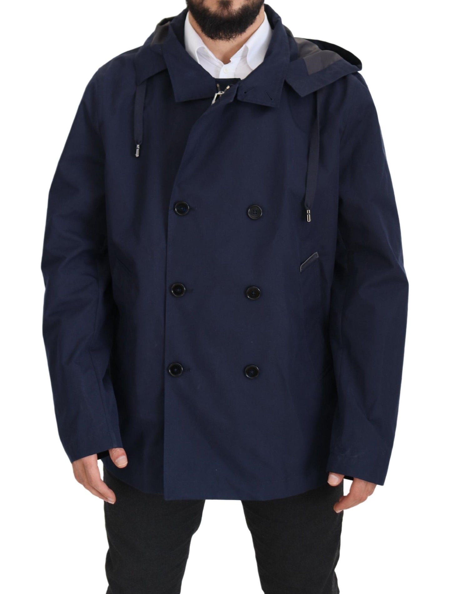 Blue Hooded Double Breasted Coat Jacket