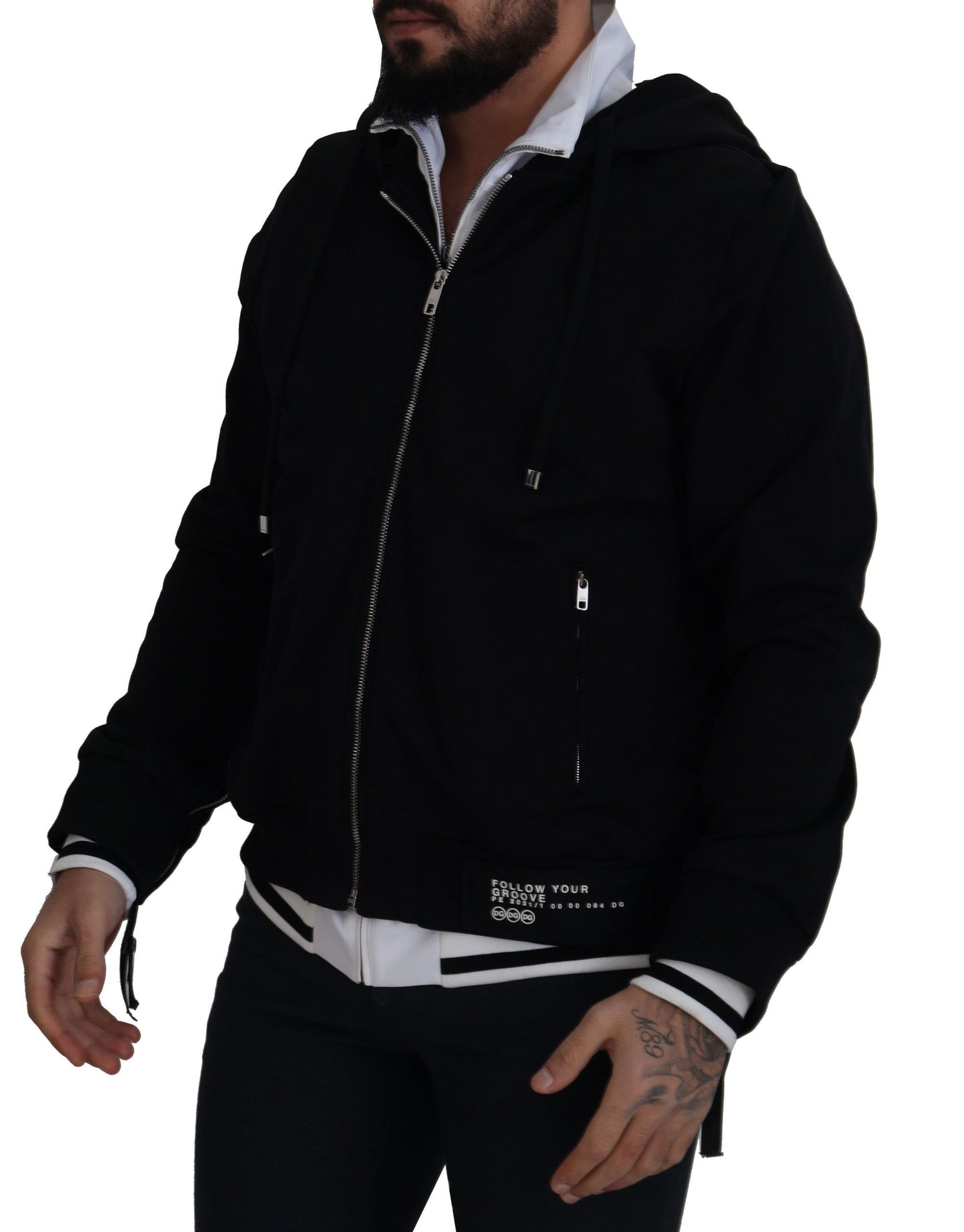 Black Polyester Hooded Full Zip Jacket