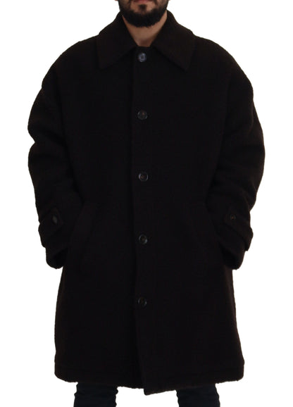 Black Alpaca Button Down Trench Coat Jacket