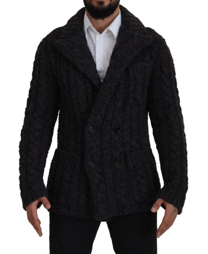 Black Wool Knit Double Breasted Coat Jacket
