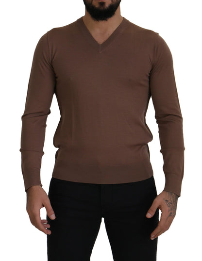 Brown Wool Men V-neck Pullover Sweater