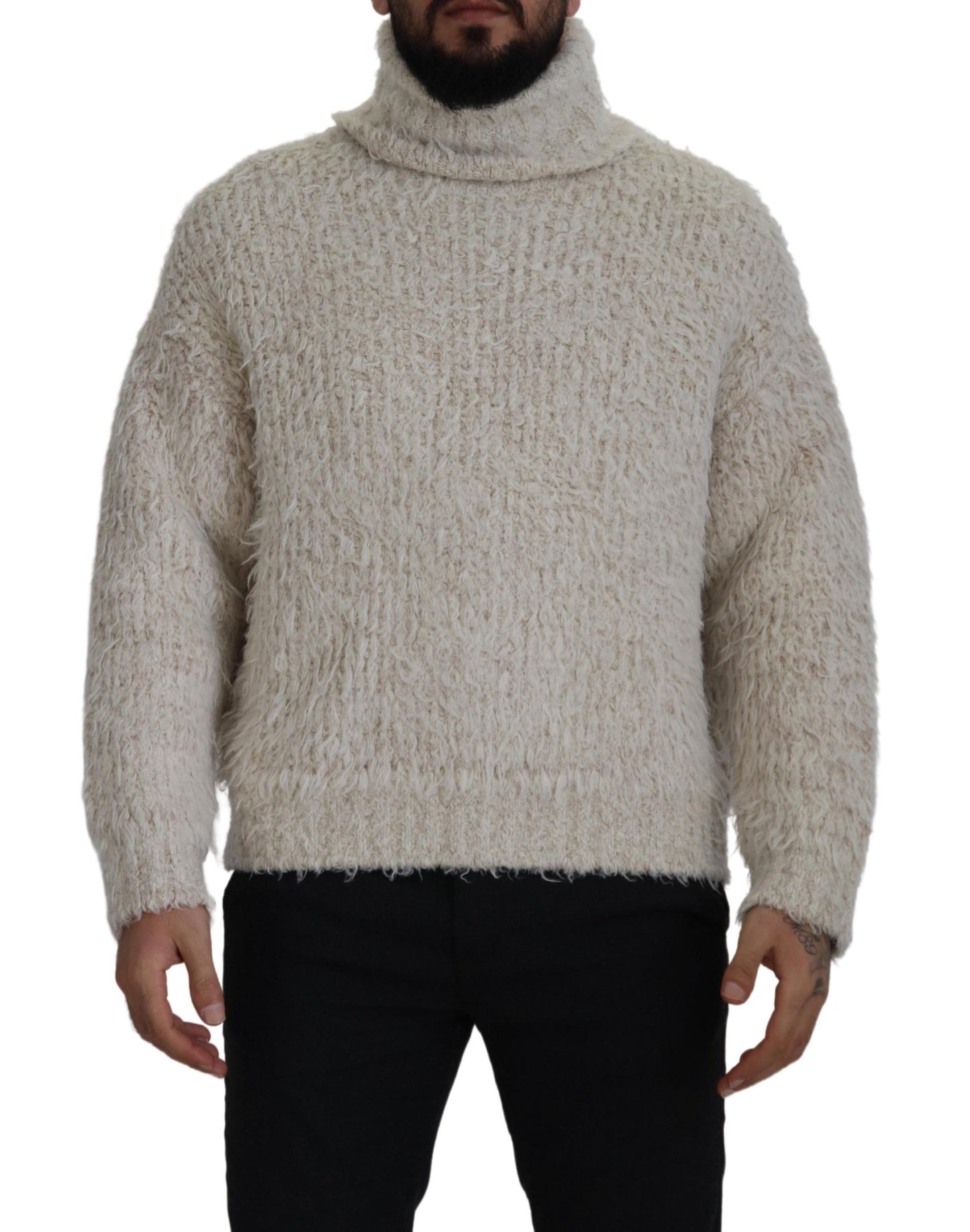 Cream Wool Knit Turtleneck Pullover Sweater