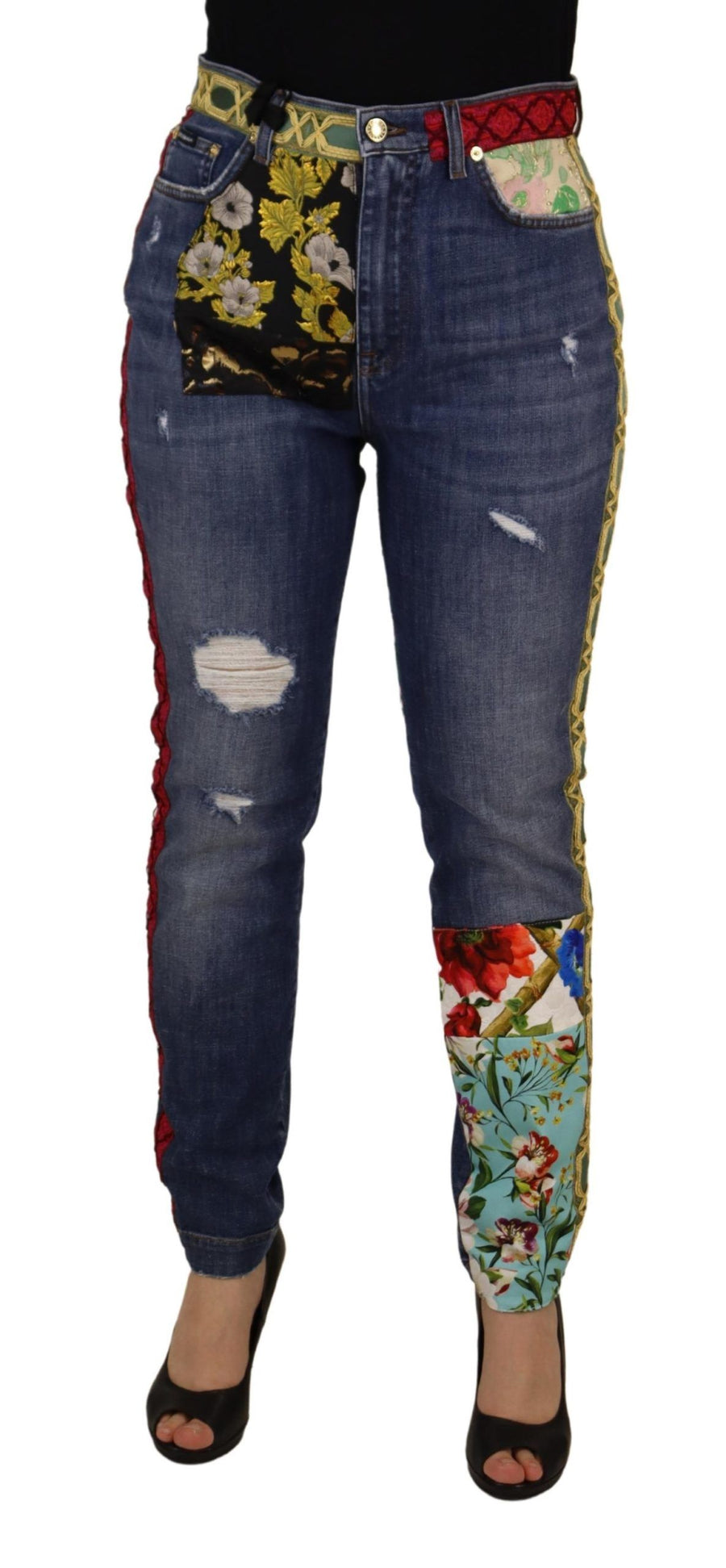 Blue Patchwork High Waist Denim Jeans