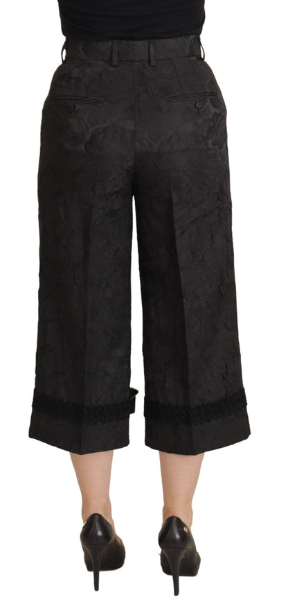 Black Brocade Cropped High Waist Pants