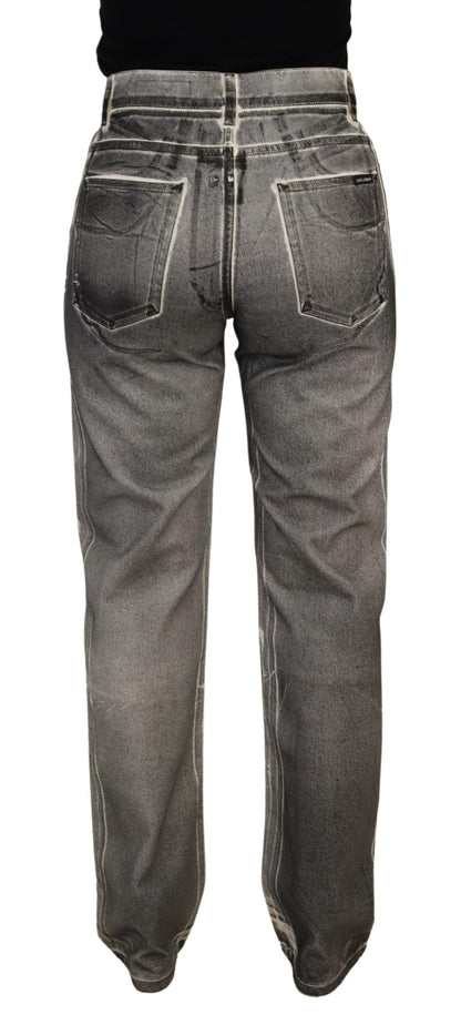 Grey Washed High Waist Denim Pants Cotton Jeans