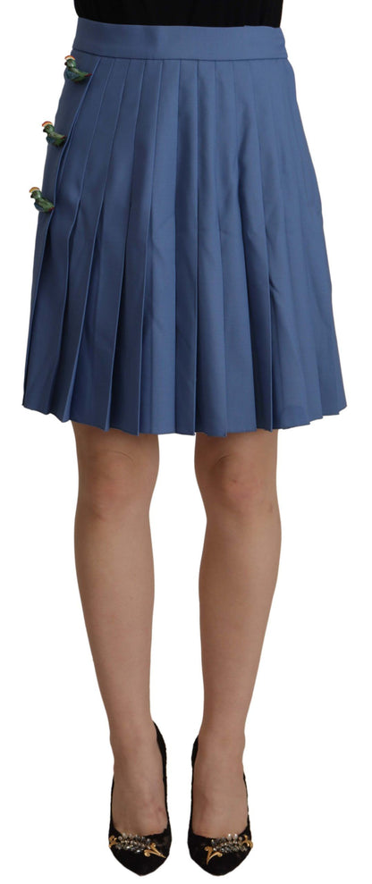 Blue Embellished Pleated Mini Skirt Wool