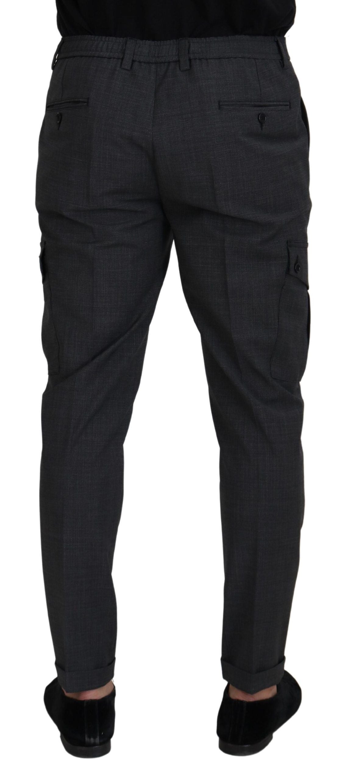 Gray Checked Cargo Trousers Stretch Pants