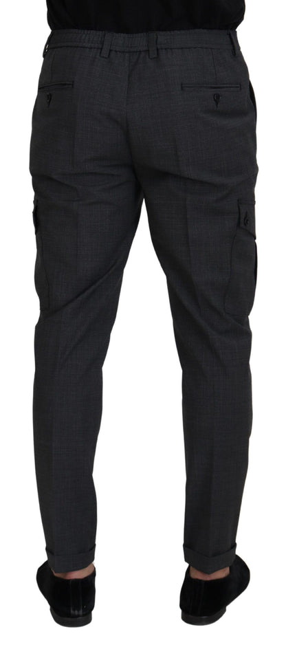 Gray Checked Cargo Trousers Stretch Pants