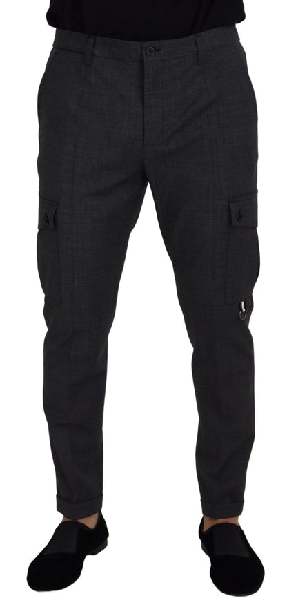 Gray Checked Cargo Trousers Stretch Pants