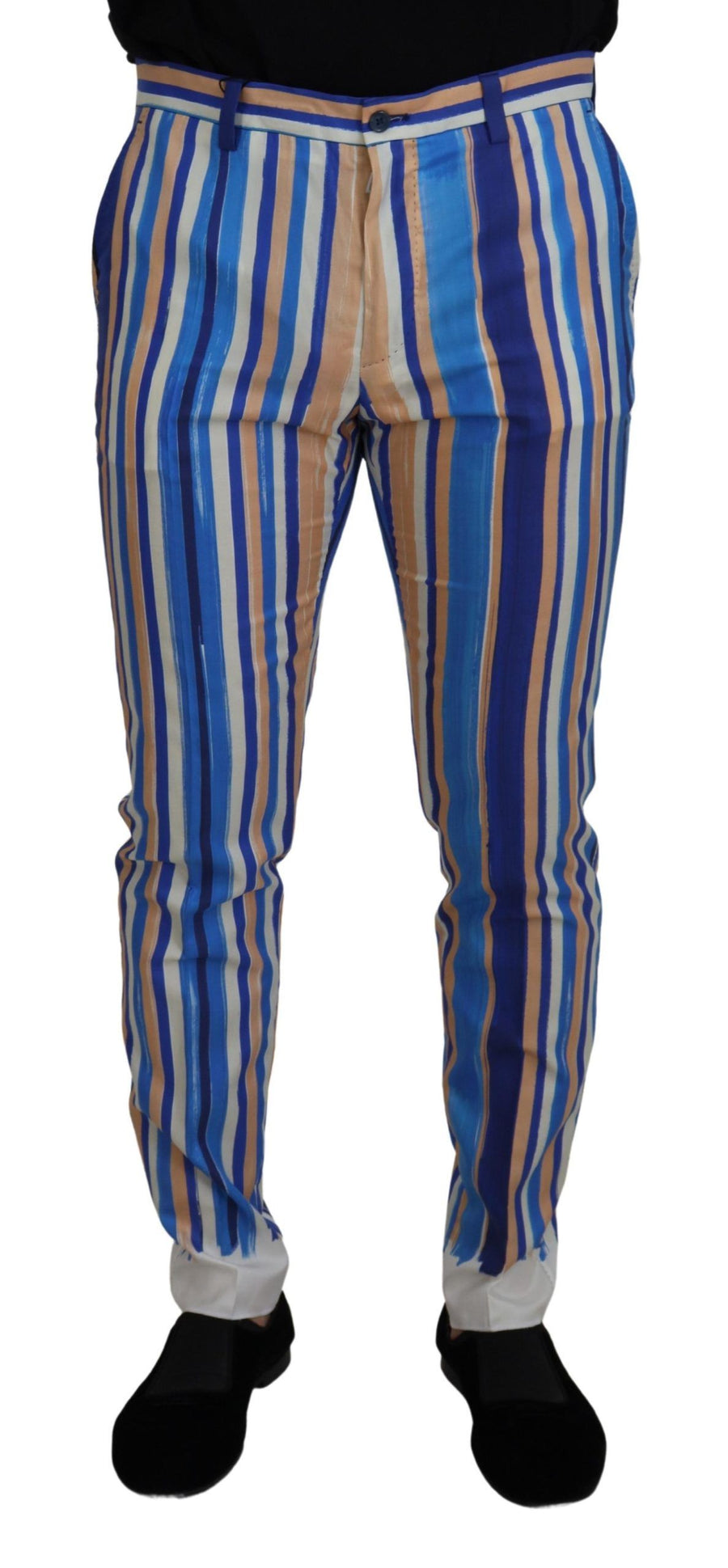 Blue Striped Silk Cotton Slim Trousers Pants