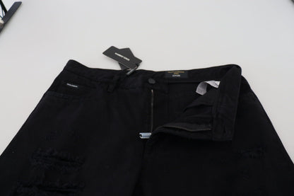 Black Loose Regular Torn Cotton Jeans