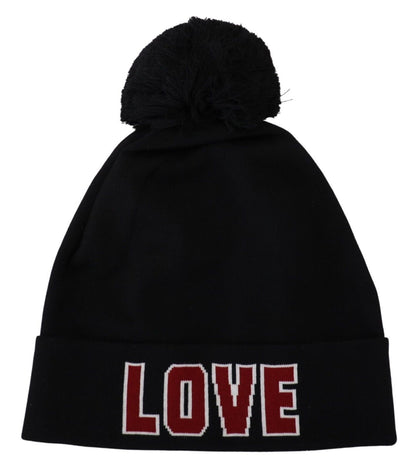Black Wool Fur Ball DG Love Winter Beanie One Size Hat
