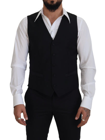 Black Virgin Wool Waistcoat Formal Dress Vest