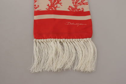 White Red Coral Print Shawl Wrap Fringe Scarf