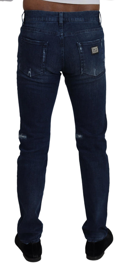 Blue Cotton Skinny Tattered Denim Jeans