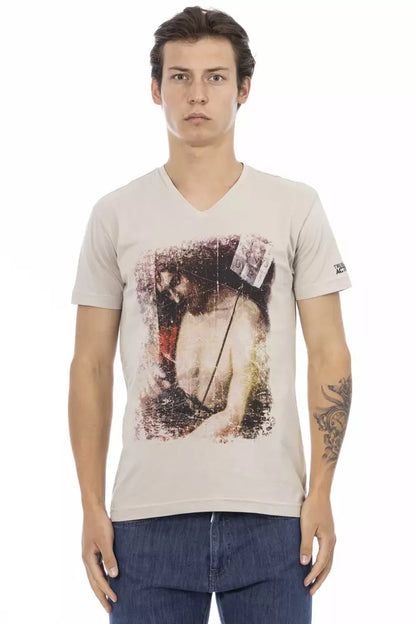 Beige Cotton Men V-neck T-shirt