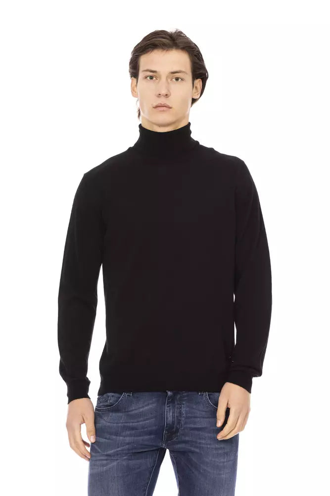 Black Fabric Men Sweater with Turtleneck Design