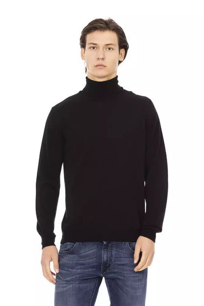 Black Fabric Men Sweater with Turtleneck Design
