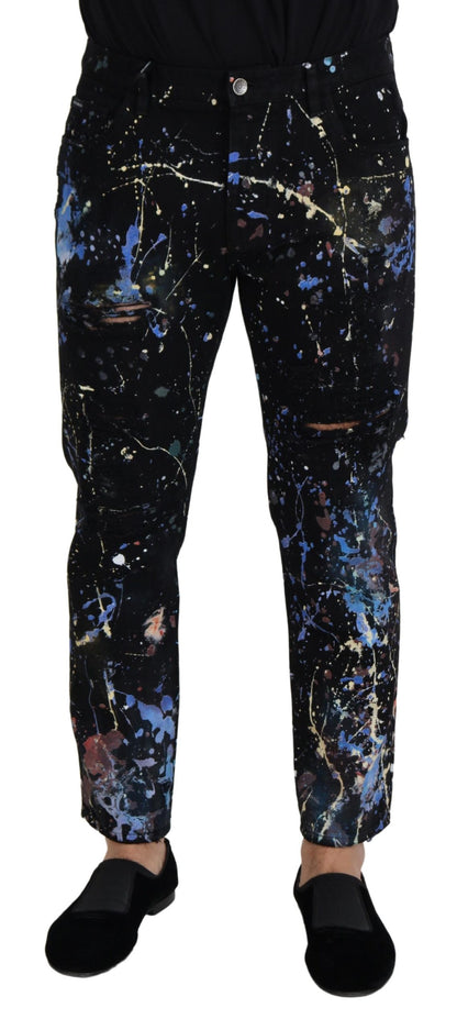 Black Cotton Color Splash Print Denim Jeans