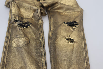 Gold Cotton Tattered Skinny Men Denim Jeans