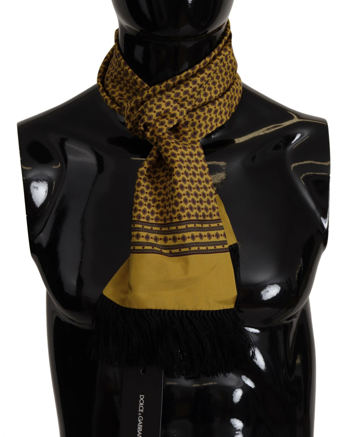 Yellow Patterned Silk Neck Wrap Fringe Scarf