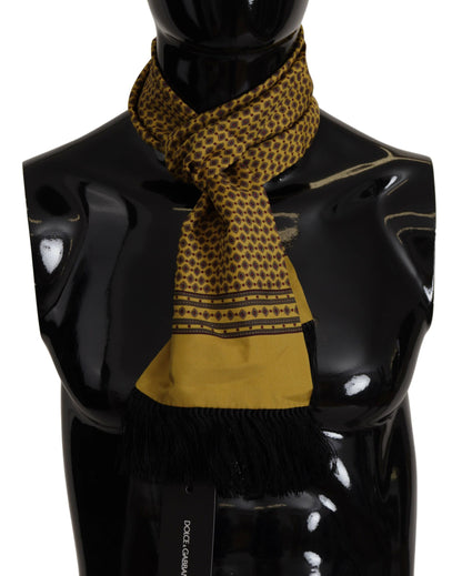 Yellow Patterned Silk Neck Wrap Fringe Scarf