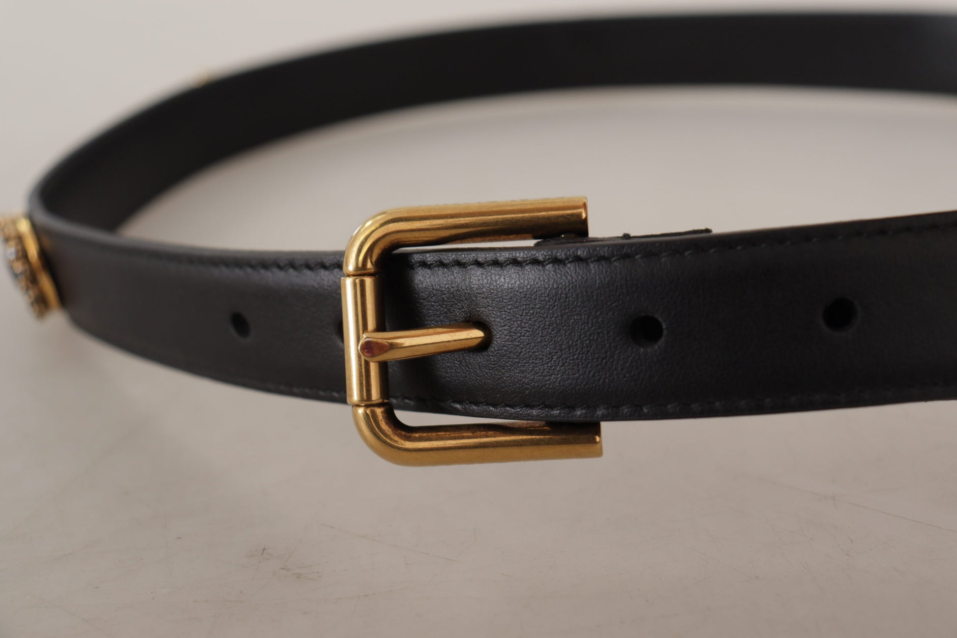 Black Leather Embellished Crystal Logo Belt