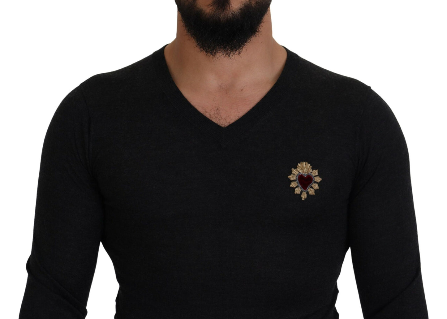Gray Cashmere V-neck Gold Heart Sweater