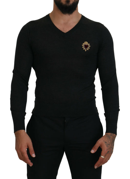 Gray Cashmere V-neck Gold Heart Sweater