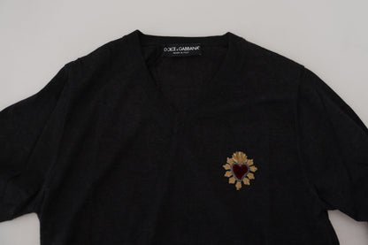 Gray Cashmere V-neck Gold Heart Sweater