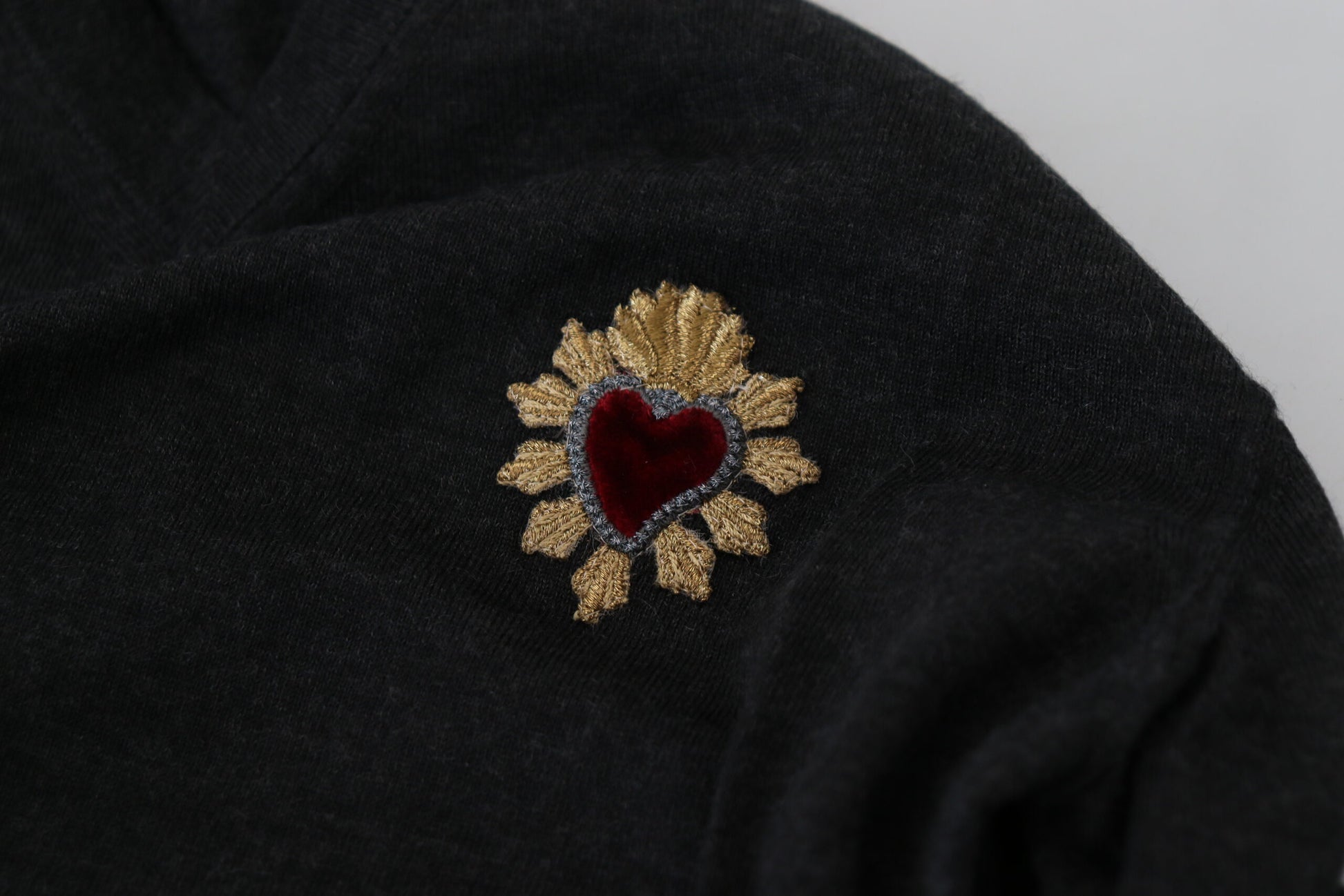 Gray Cashmere V-neck Gold Heart Sweater