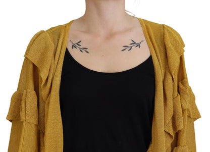 Gold Long Sleeves Ruffled Women Cardigan Sweater