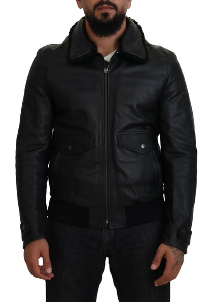 Black Lamb Leather Collared Men Coat Jacket