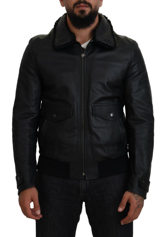 Black Lamb Leather Collared Men Coat Jacket