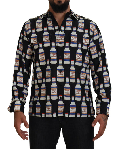Black Silk Printed Collared Men Casual Shirt
