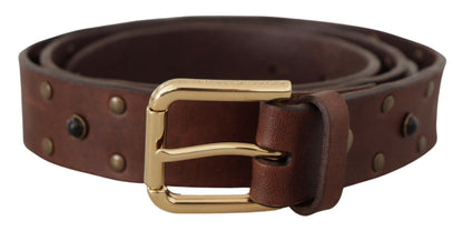 Brown Leather Studded Gold Tone Metal Buckle Belt