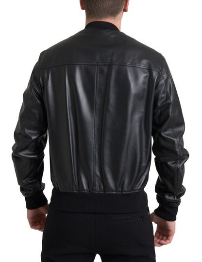 Black Leather Full Zip Bomber Men Jacket