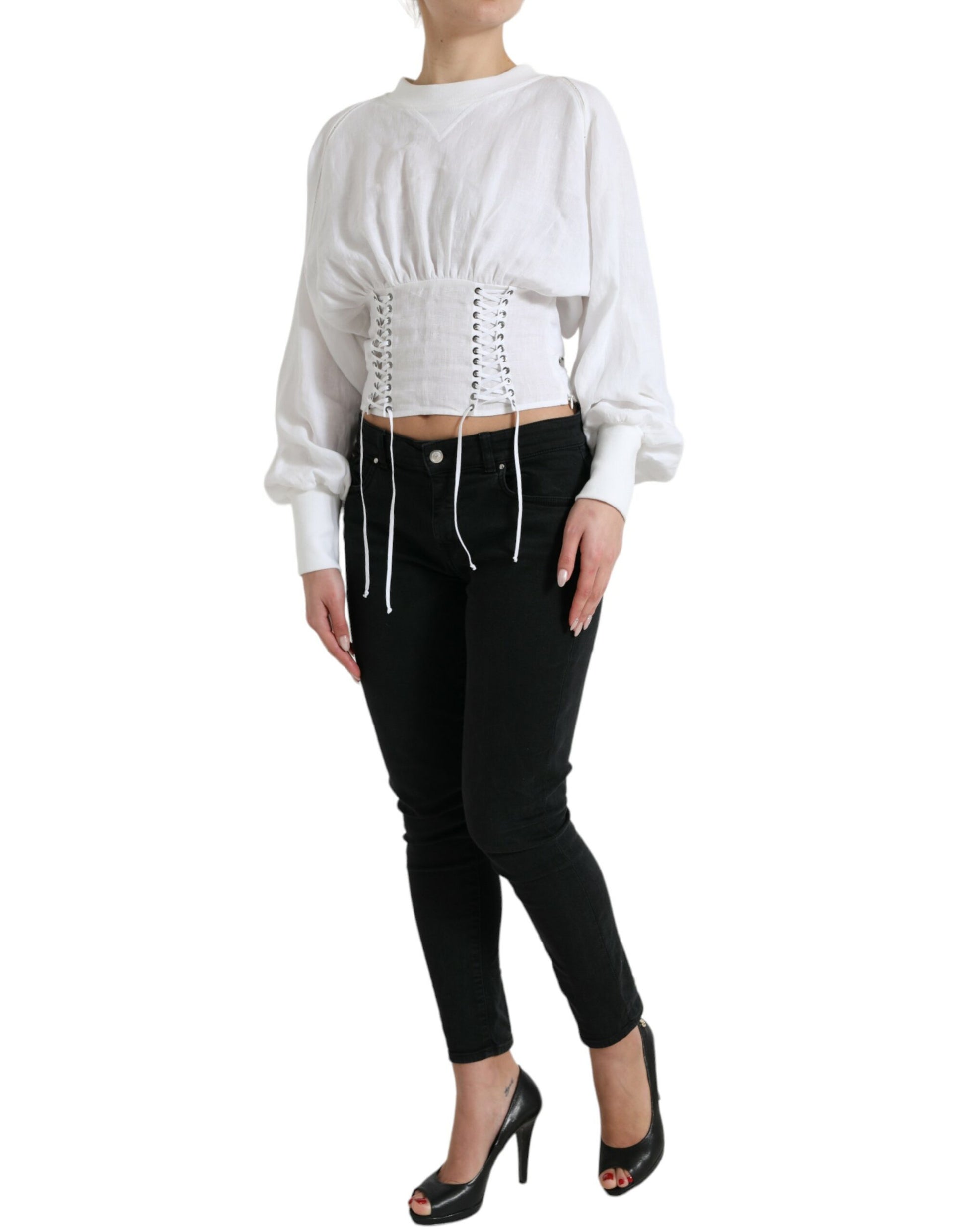 White Cotton Corset Cropped Long Sleeves Topclothing