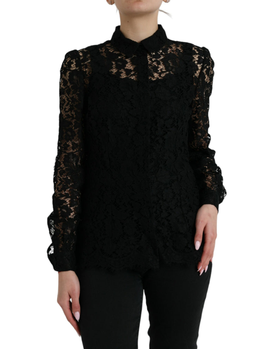 Black Floral Lace Long Sleeves Blouse Top