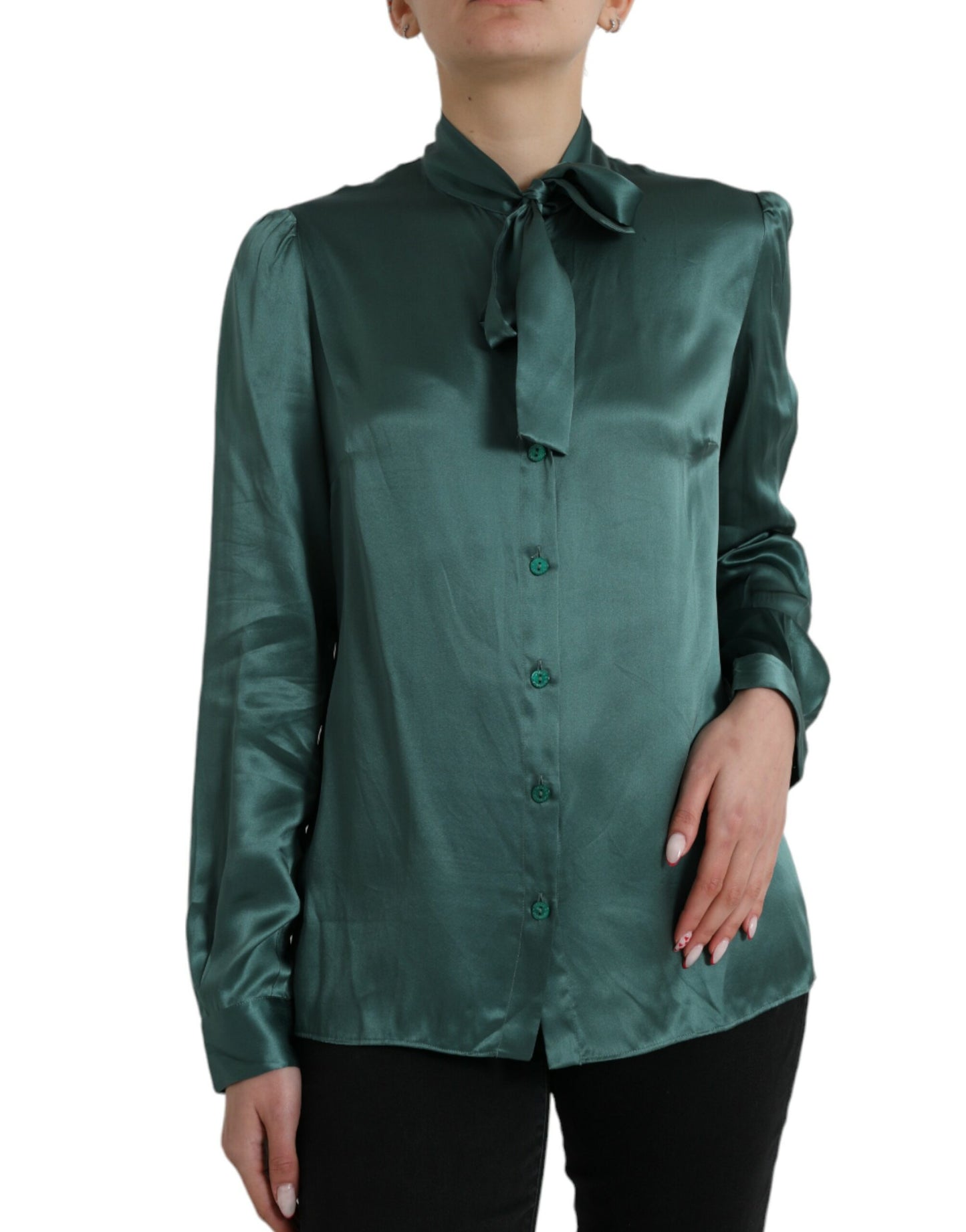 Dark Green Silk Ascot Collar Blouse Top