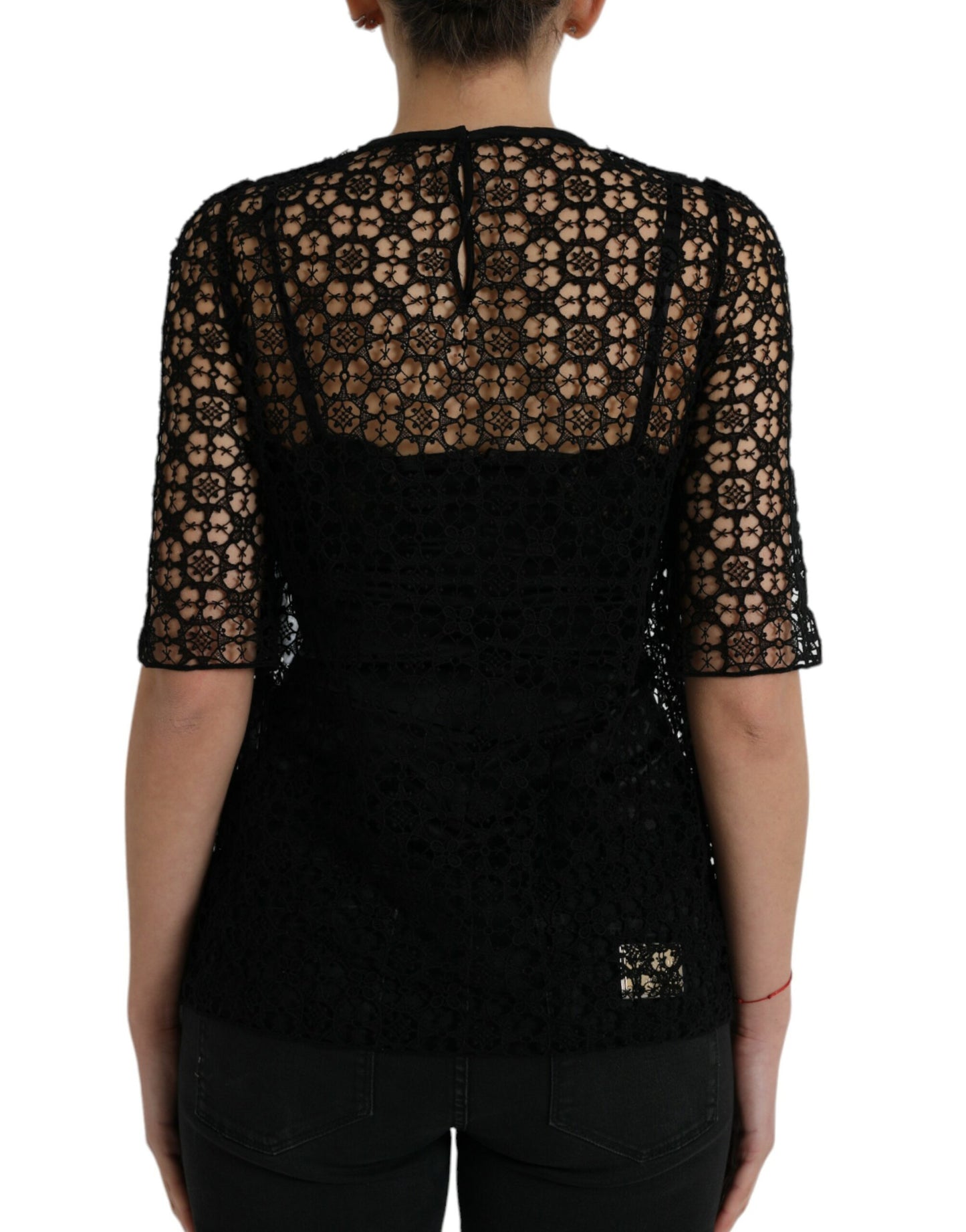 Black Floral Lace Short Sleeves Blouse Top