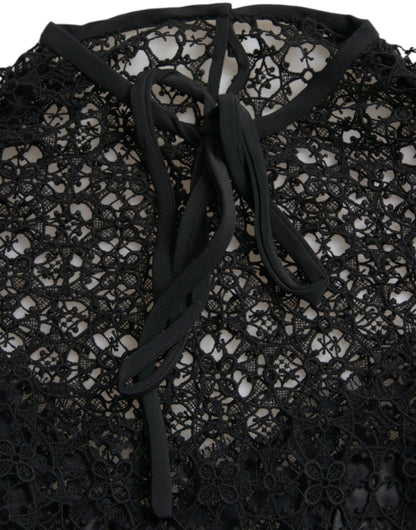 Black Floral Lace Short Sleeves Blouse Top
