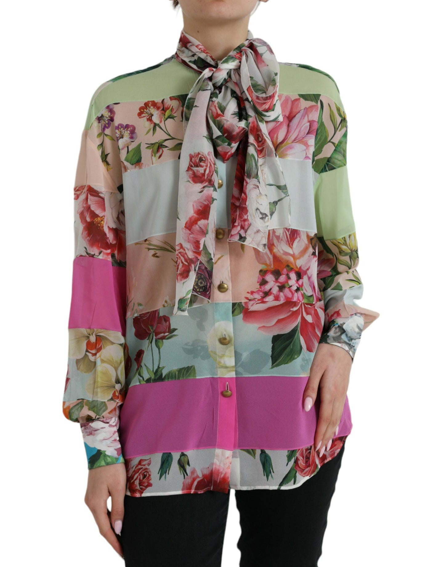 Multicolor Floral Patchwork Ascot Collar Top