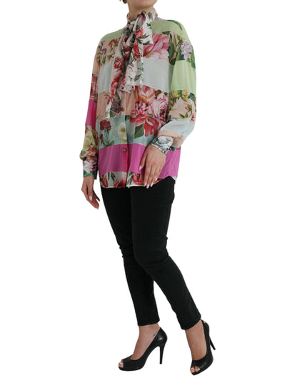 Multicolor Floral Patchwork Ascot Collar Top