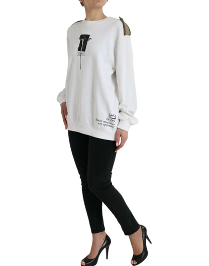 White Floral Cotton Crew Neck Pullover Sweater