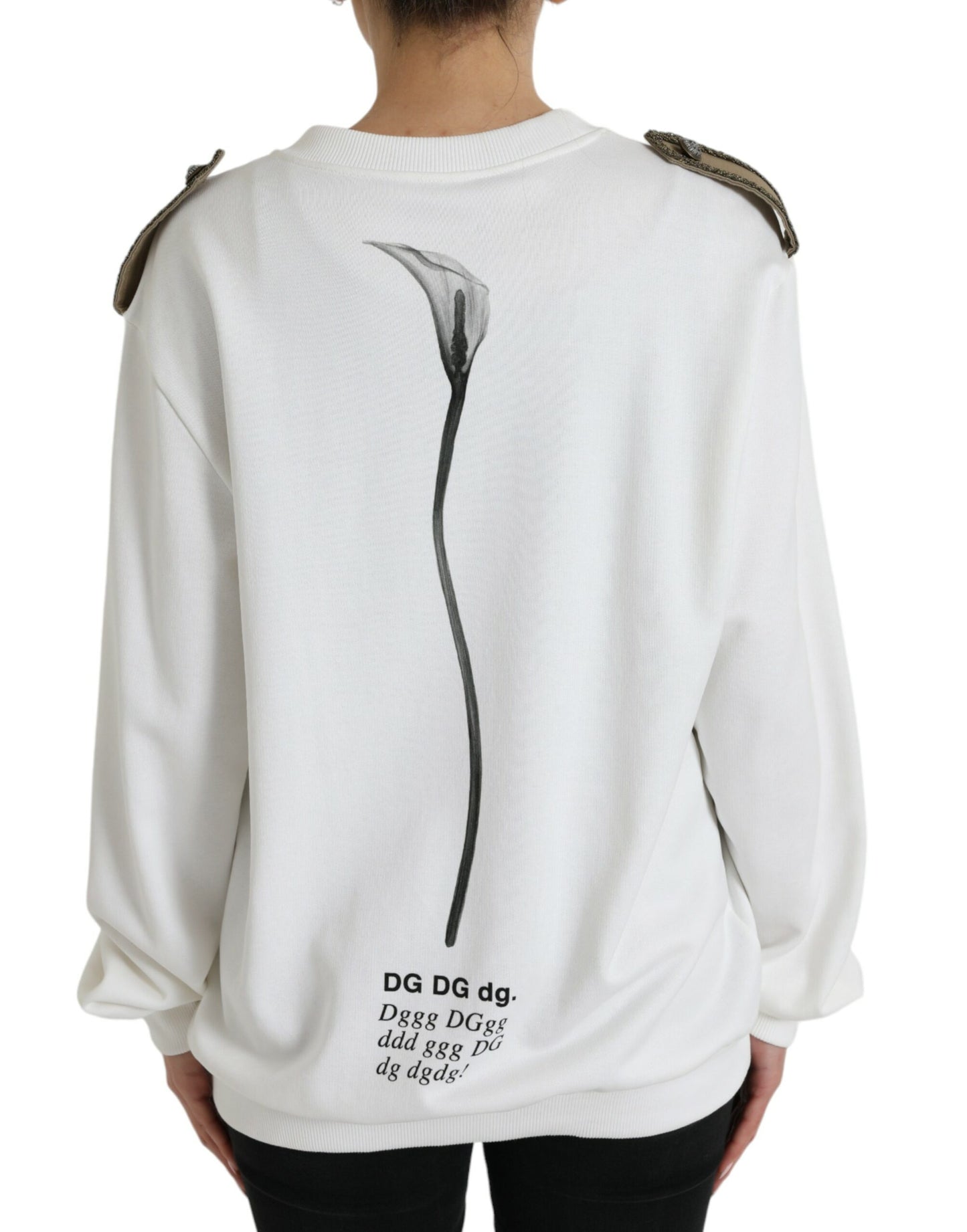 White Floral Cotton Crew Neck Pullover Sweater