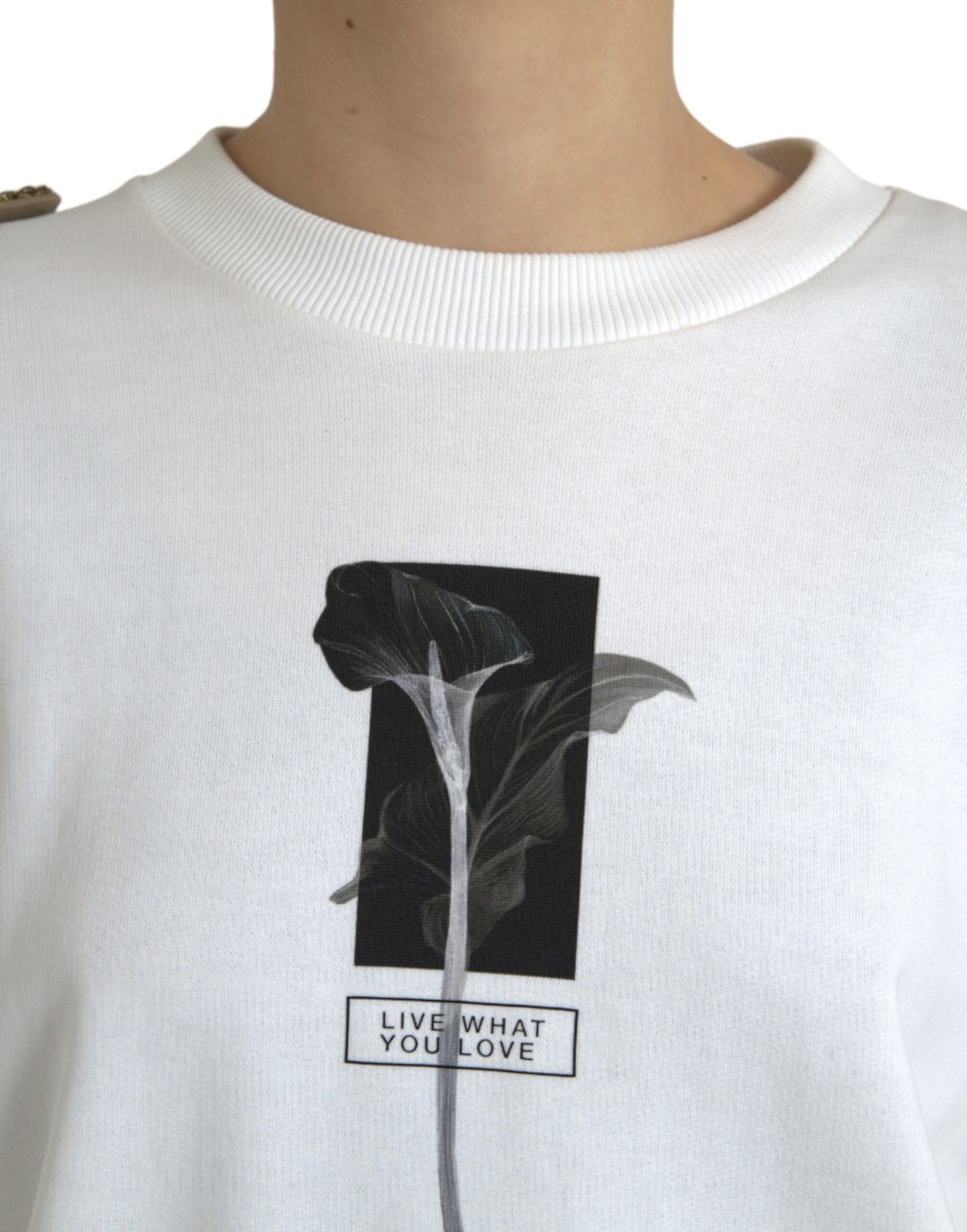 White Floral Cotton Crew Neck Pullover Sweater